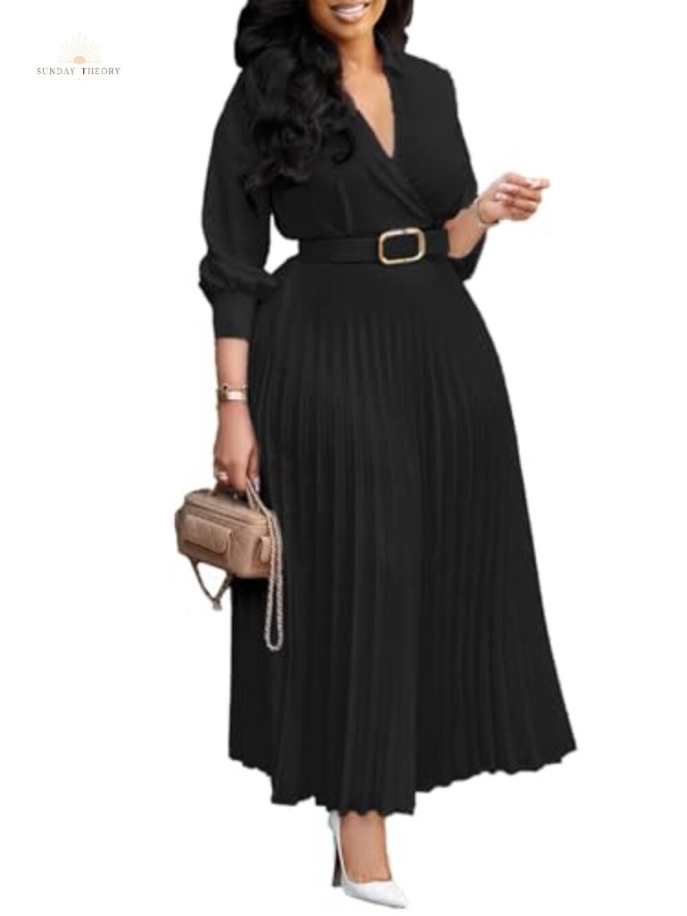 Pleated A-Line Long Sleeve Midi Dress for Work Church